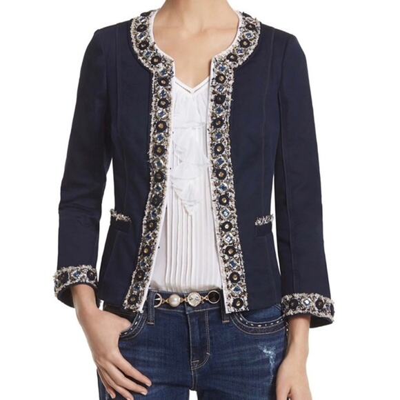 White House Black Market WHBM Navy Twill Beaded Tweed Embellished Blazer Jacket - Picture 1 of 14